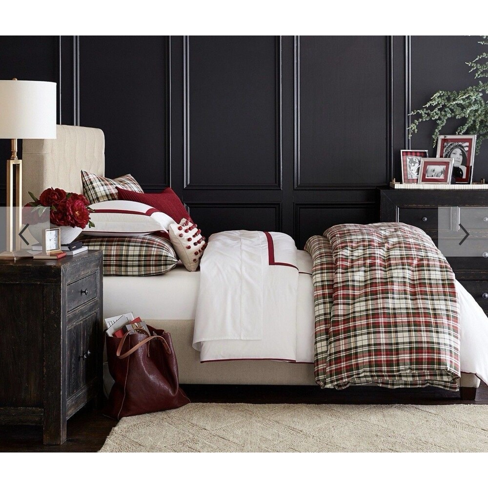 Pottery Barn Full/Queen Duvet Cover + 2 Pillowcases Denver Red Tartan Plaid Xmas - Picture 3 of 14